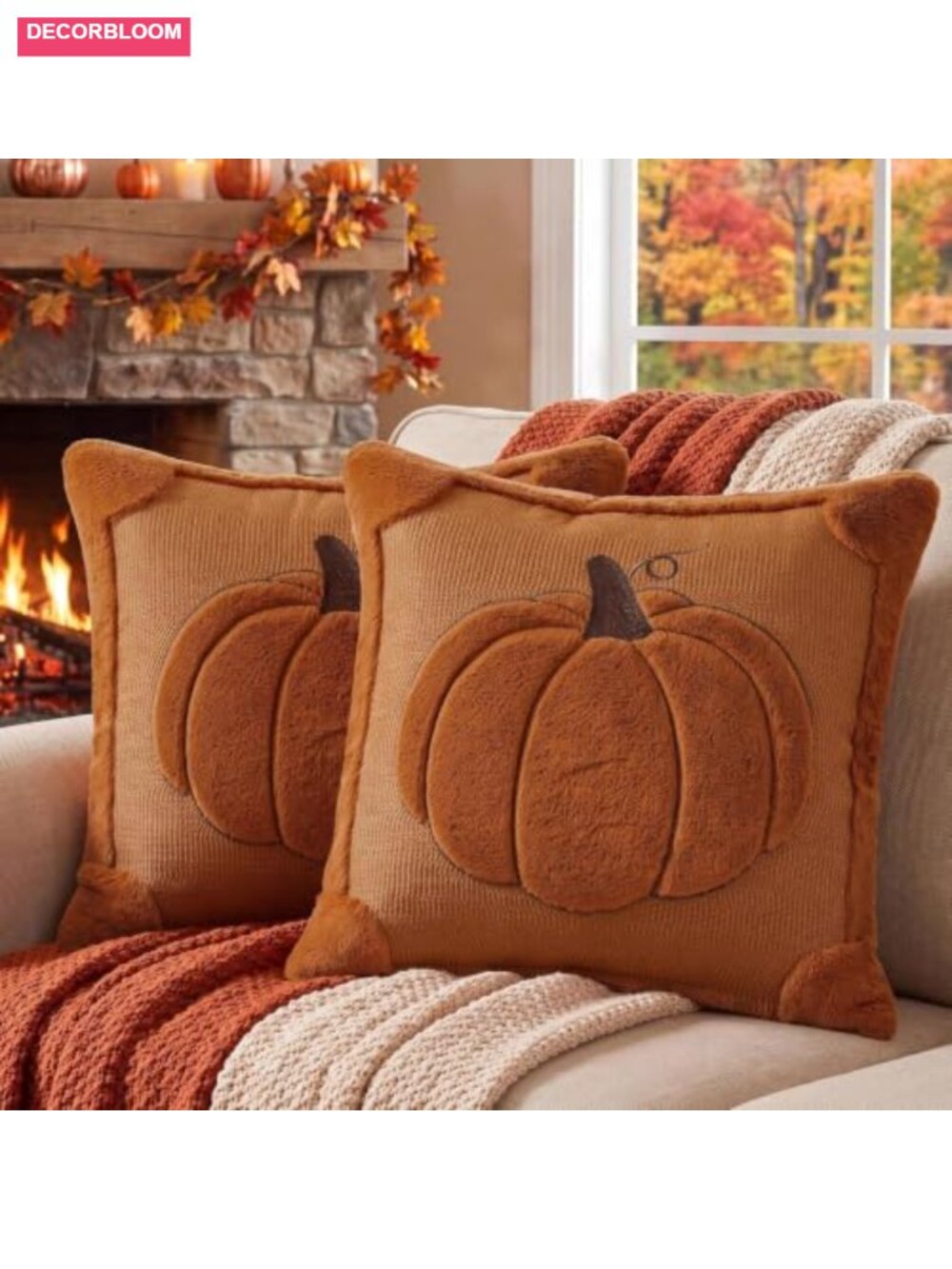 Fall Pumpkin Throw Pillow Covers 18x18 Set of 2 Plush Embroidery